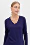 Women's V-Neck Glitter Ribbed Blouse Navy Blue - 3