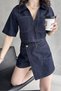 V-Neck Half Sleeve Pocket Denim Blouse and Double-Breasted Shorts Skirt Two-Piece Suit Dark Blue