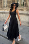 Women's Black Back Bow Tie Detailed Lined Sleeveless Strap Long Scallop Dress - 3