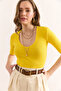 Women Yellow Deep V Neck Double Sleeve Stretchy Cotton Blouse Blz-19002951 - 3