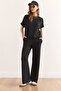 Women Black Top Blouse Bottom Pocket Pants Suit Tkm-19000378