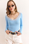 Women Baby Blue Deep V Neck Lace Detail Stretchy Cotton Blouse Blz-19002954 - 3