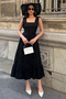 Women's Black Back Bow Tie Detailed Lined Sleeveless Strap Long Scallop Dress