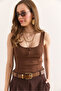 Women's Brown U Neck Clasp Stretchy Cotton Crop Blouse Blz-19002956 - 2