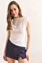 Women's Ecru Padded Draped Detailed Asymmetrical Bottom Sandy Blouse Blz-19002950 - 3