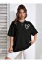 Heart Logo T-Shirt - Black Printed Oversize Crew Neck Short Sleeve T-Shirt - 3