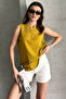 Women's Mustard Button V Neck Ethnic Print 100% Cotton Tank Top - 4