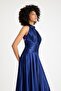 Navy Blue Waist Draped Satin Evening Dress - 6
