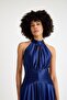 Navy Blue Waist Draped Satin Evening Dress - 7