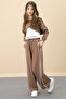 Brown Stripe Detailed Wide Leg Cropped Girl's 3 Piece Set 20702 - 3