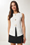 Gold Buckle Ribbed Knitted Blouse Bone Lzh0012