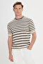 Standard Fit Regular Cut 100% Cotton Striped Crew Neck Khaki-Beige Knitwear T-Shirt