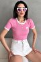Women's Pink Bow Embroidered Contrast Ribbed Knitted Blouse - 2