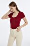 Women's Burgundy Square Neck Short Sleeve Blouse - 4
