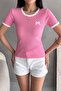Women's Pink Bow Embroidered Contrast Ribbed Knitted Blouse - 5