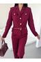 Belted Gold Button Detail Suit in Burgundy - 6