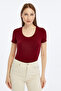 Women's Burgundy Crew Neck Short Sleeve Plain Viscose Blouse - 2