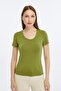 Women's Oil Green Crew Neck Short Sleeve Plain Viscose Blouse - 4