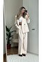 Women's Two-Piece Blazer Jacket and Trousers Set with Accessory and Button Detail, Wide-Leg - 2