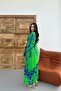 Women's Green Branch Patterned Double Breasted Dress with Elastic Waist and Long Slits - 4