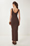 Women Brown V Neck Midi Knitted Dress Ub00378 - 6
