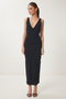 Women's Black V-Neck Midi Knitted Dress Ub00378 - 2