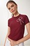 Women's Burgundy Beaded Bow Detailed Knitted T-Shirt Zv00290