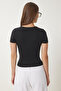 Women's Black Basic Knitted Crop Blouse with Snap Fasteners Fw00004 - 4