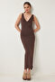Women Brown V Neck Midi Knitted Dress Ub00378 - 2