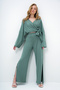 Women's Green Double-Breasted Collar Tie-Down Blouse and Slit-Cut Loose-Fit Trousers Set Alc-X11422