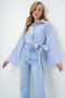 Blue Striped Wide Cuff Sleeve Detailed Tie-Front Poplin Shirt Alc-X13750 - 5