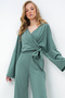 Women's Green Double-Breasted Collar Tie-Down Blouse and Slit-Cut Loose-Fit Trousers Set Alc-X11422 - 4