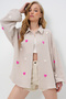Women's Beige Süzene Heart Embroidered Oversize Muslin Linen Shirt Alc-X13791 - 6