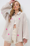 Women's Beige Süzene Heart Embroidered Oversize Muslin Linen Shirt Alc-X13791