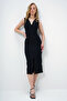Women's Black Deep V-Neck Accessory Front Slit Ottoban Dress Alc-X13966 - 4