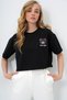 Women's Black Crew Neck Teddy Bear Motif Oversize Crop T-Shirt Alc-X13675 - 2