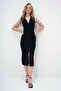 Women's Black Deep V-Neck Accessory Front Slit Ottoban Dress Alc-X13966 - 3