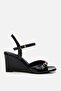 Women's Black Buckle Wedge Heeled Sandals - 2