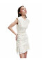 Crew Neck Sleeveless Draped Detail Tulle Floral Asymmetrical Mini Dress - 2