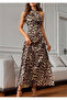 New Season Women's Long Leopard Patterned Single Jersey Dress with Cross Tie Detail - 3