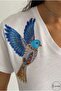 Women's White V-Neck Bird Sequin Sequin Embroidered 100% Cotton T-Shirt - 4