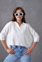 Women's White Polo Neck Half Sleeve Oversize Summer Crop Knitwear Blouse 002 - 5