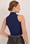 Zipper Detailed Ribbed Stylish Knitted Blouse Navy Blue - 2