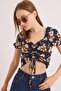 Patterned Princess Sleeve Front Gathered Blouse Navy Blue - 5