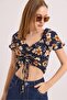 Patterned Princess Sleeve Front Gathered Blouse Navy Blue - 4