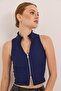 Zipper Detailed Ribbed Stylish Knitted Blouse Navy Blue - 3
