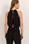 Halter neck low back belted woven linen blouse black - 4