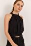Halter neck low back belted woven linen blouse black - 3