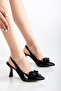 Women's Black Patent Leather Bow Detailed Open-Back Thin Heeled Shoes - 4