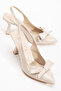 Beige Patent Leather Bow Detailed Open Back Thin Heeled Shoes